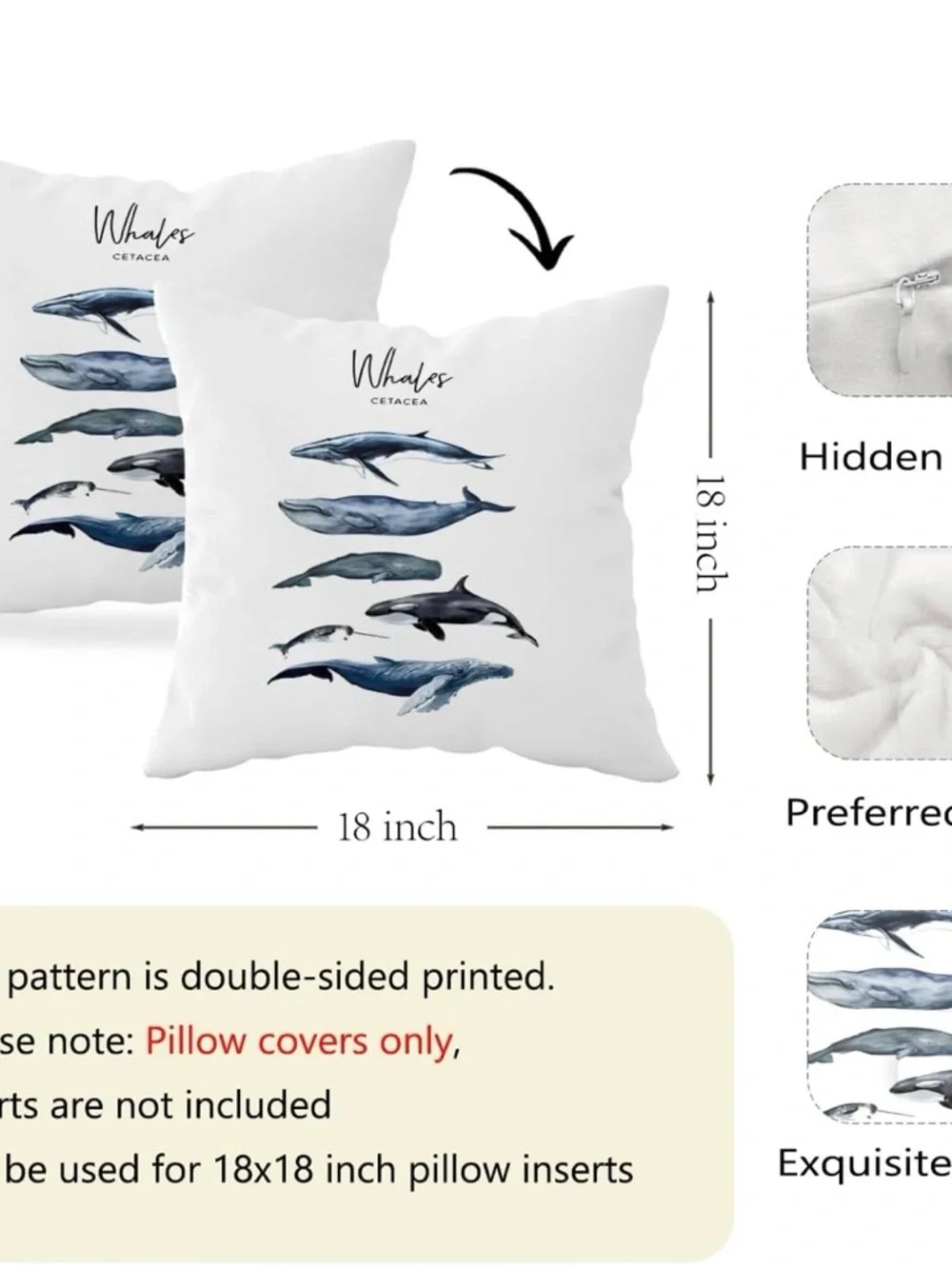 NEW Set of 2 Blue & White Whale & Shark Pillow Covers - 18”x18” - Covers Only
